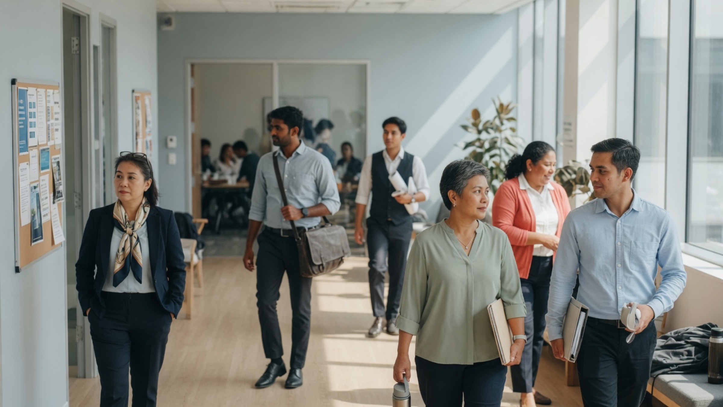 Colleagues walking through a bright workplace between tasks