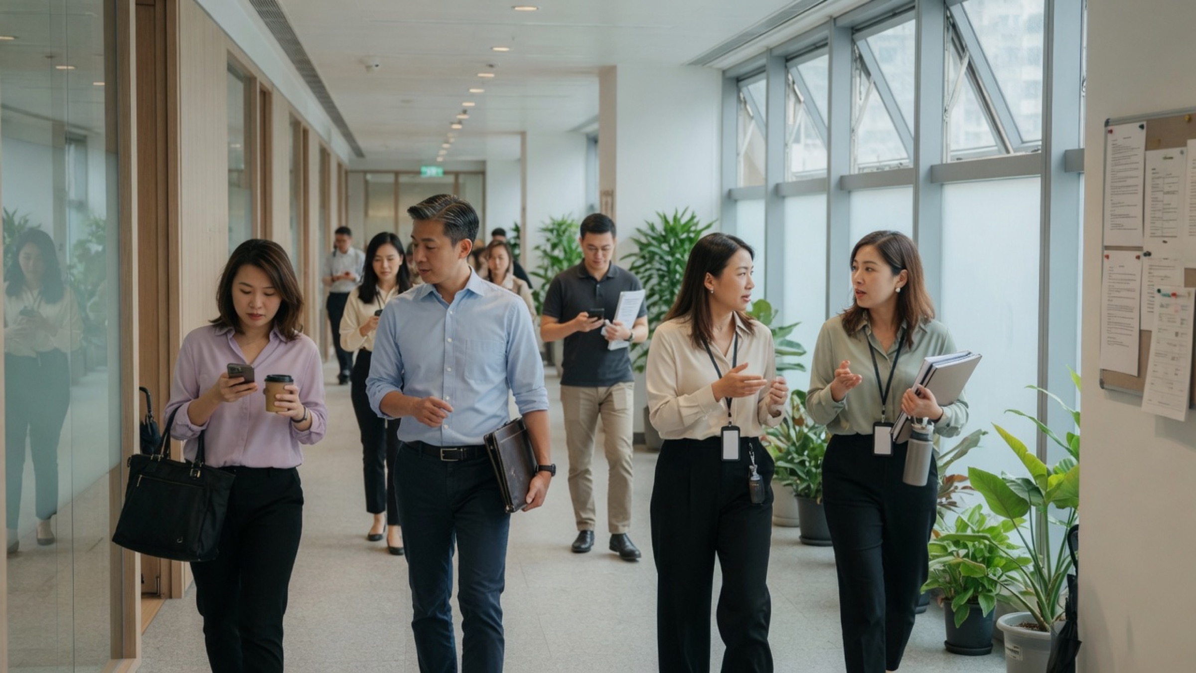 Hong Kong professionals in a modern office corridor