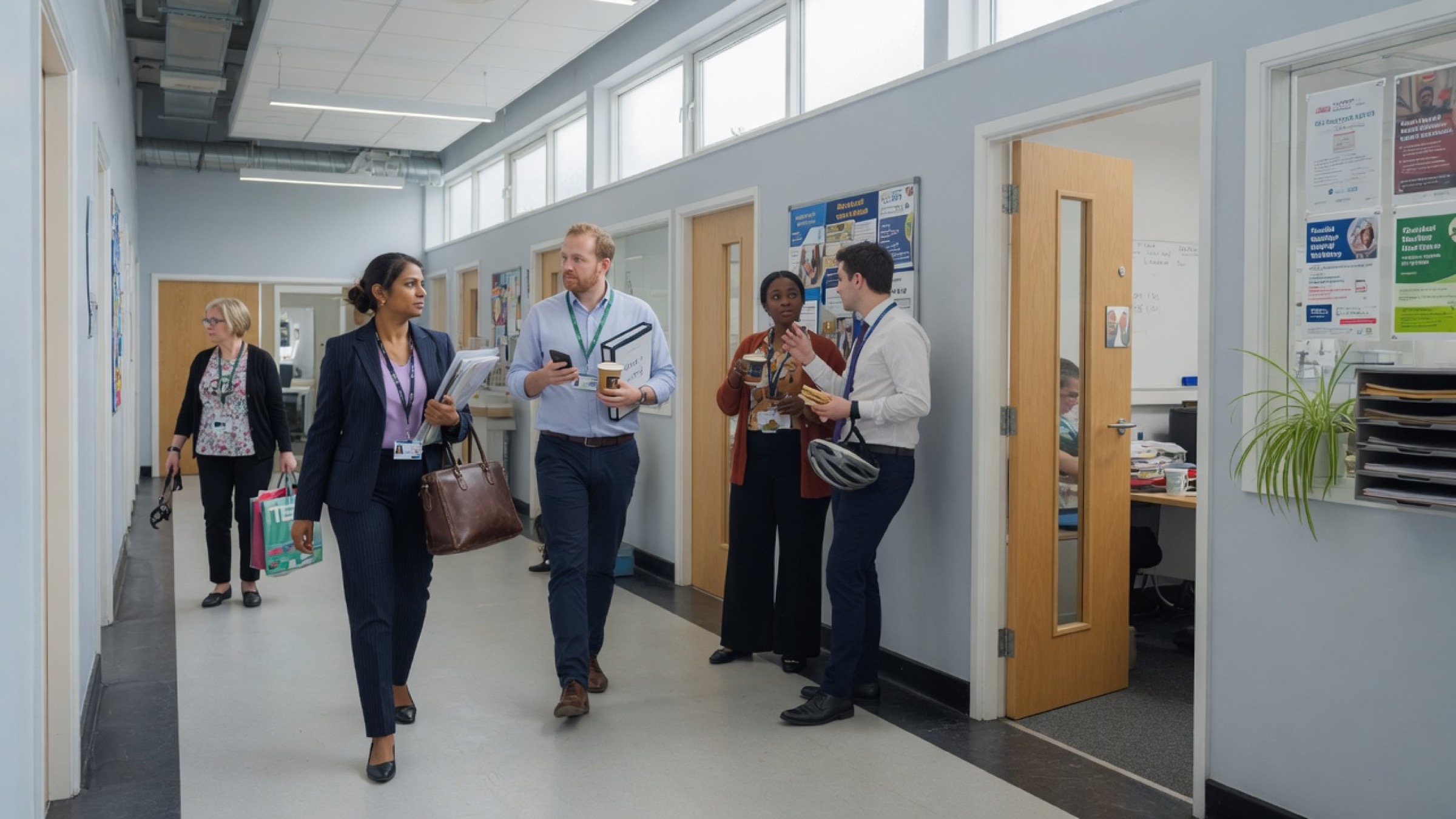 UK professionals in a modern workplace corridor