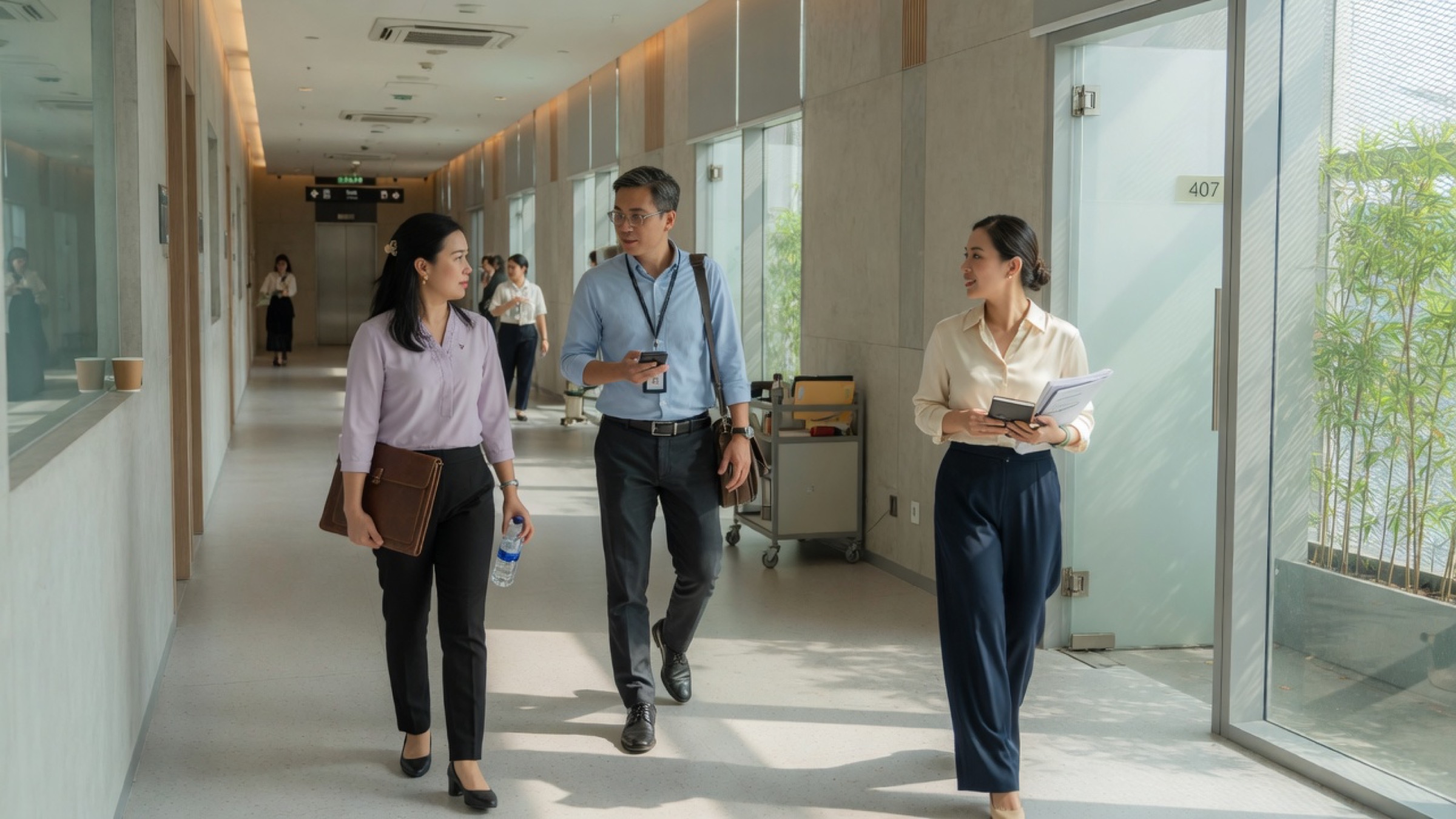 Vietnamese professionals in a modern workplace corridor