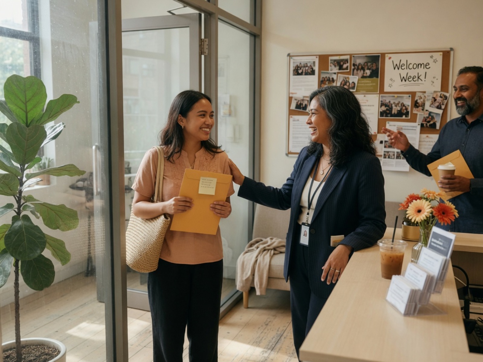 New hire welcomed by a colleague in a modern office