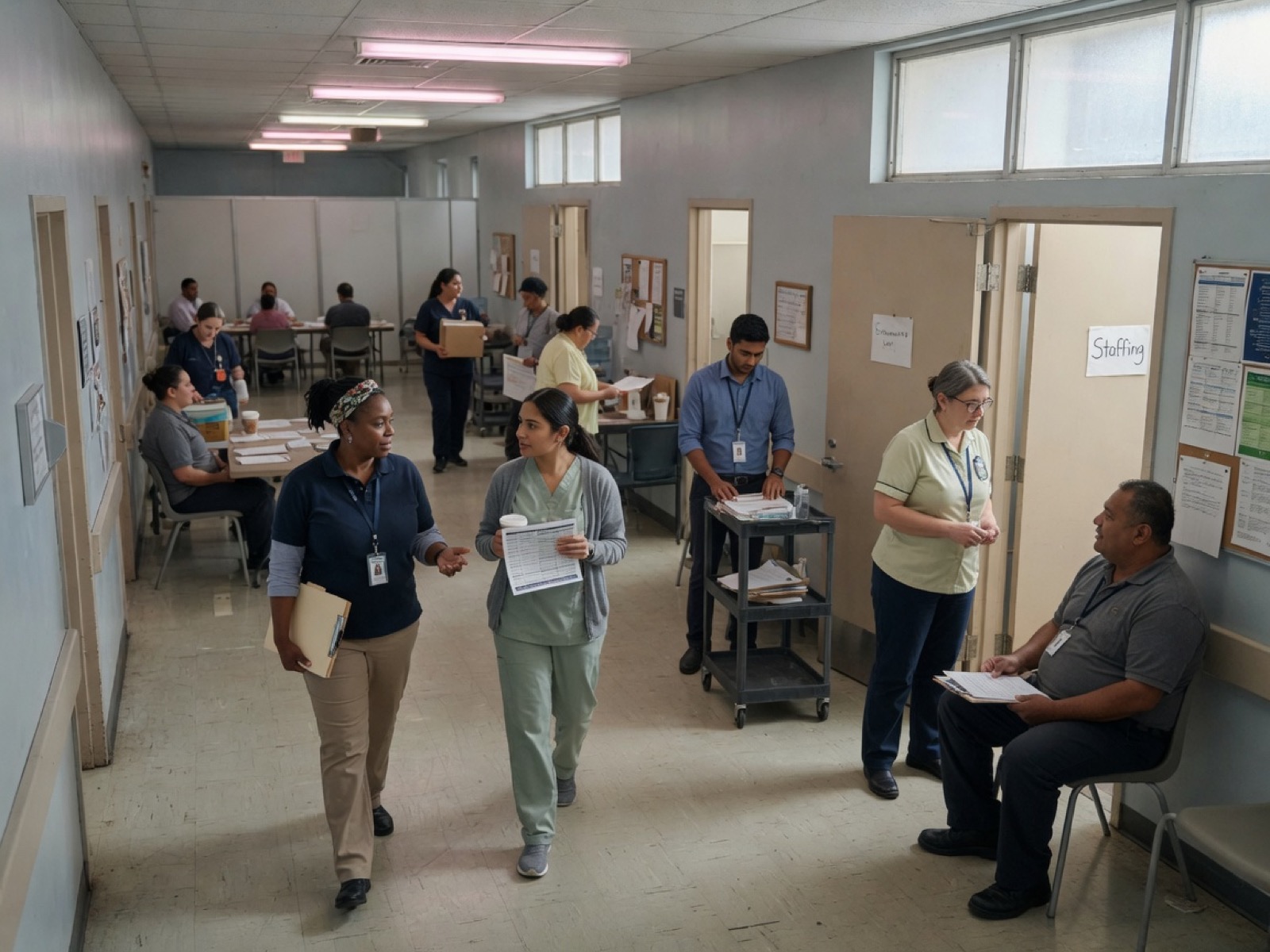 People mid-shift in a calm workplace corridor