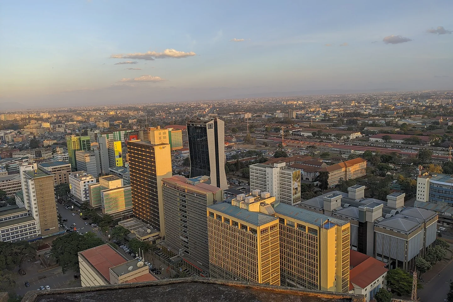 Warm evening light across central Nairobi, seen from the Kenyatta International Convention Centre.